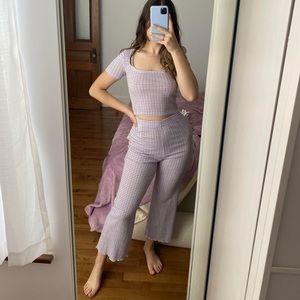 Aritzia Wilfred Yacht Top and Verona Pant Matching Set Co Ord Lavender Gingham